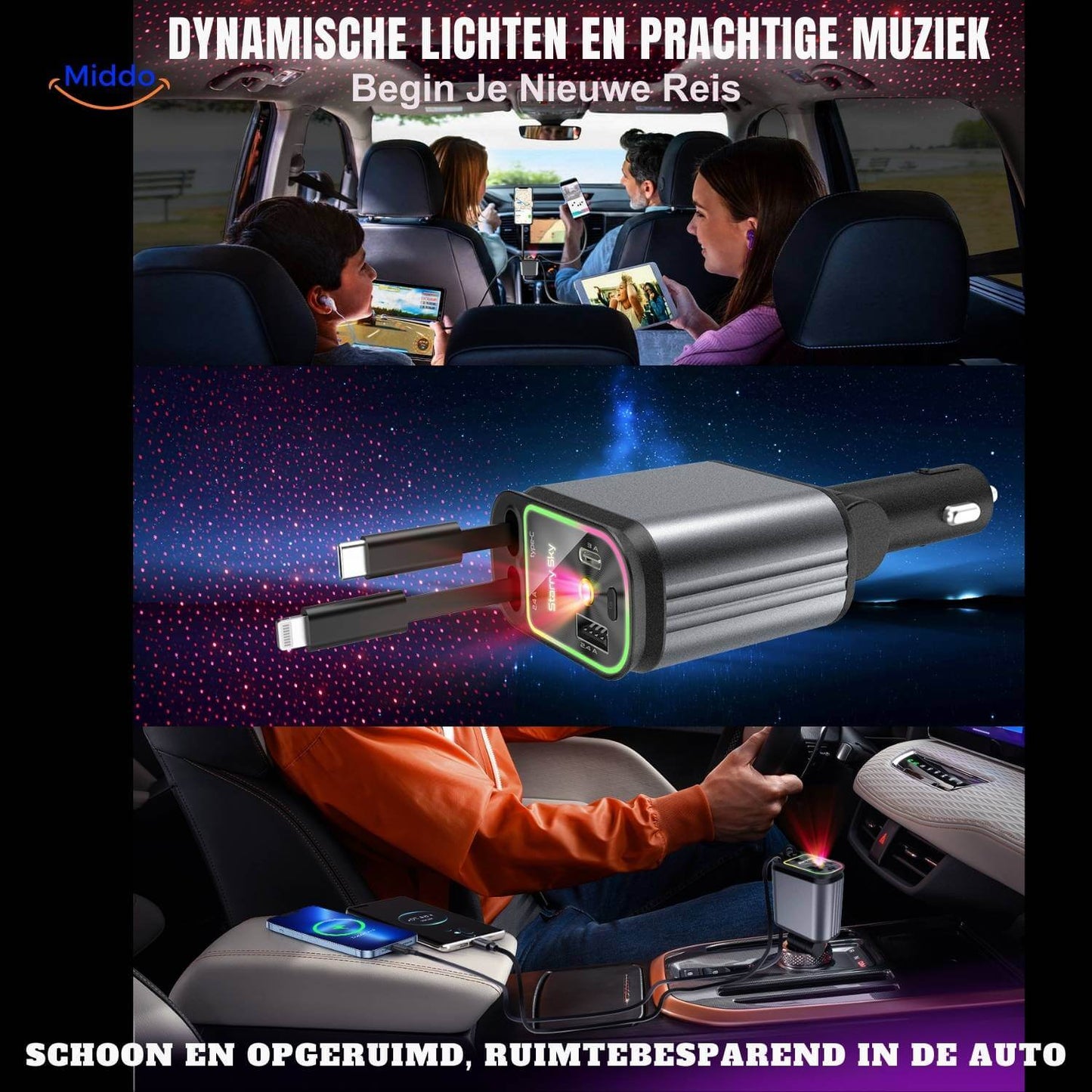 AutoCharge™ 120W | 4-in-1 Oplader, Super-Snel, RGB Sterrenhemel!